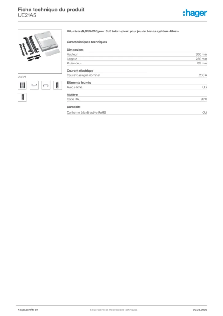 Image Hager Fiche technique du produit UE21A5 | Hager Suisse