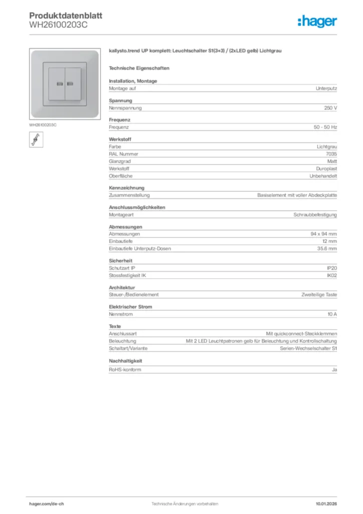 Bild Hager Produktdatenblatt WH26100203C | Hager Schweiz