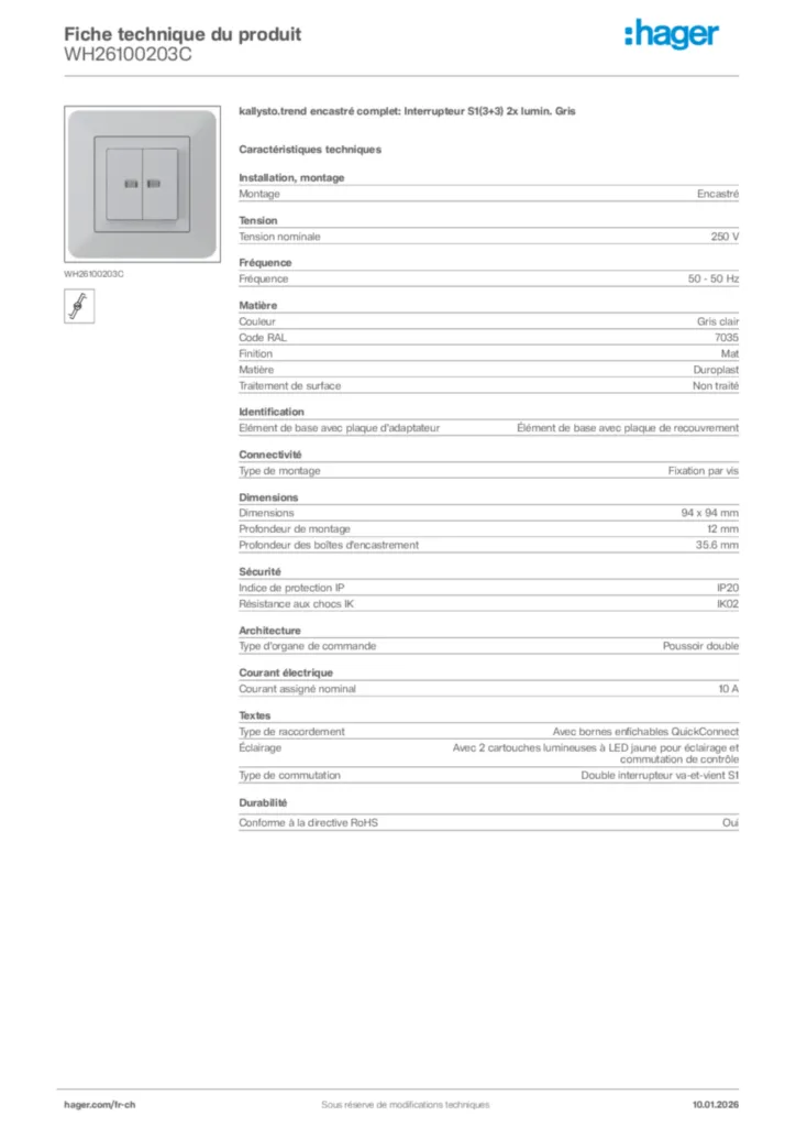 Image Hager Fiche technique du produit WH26100203C | Hager Suisse