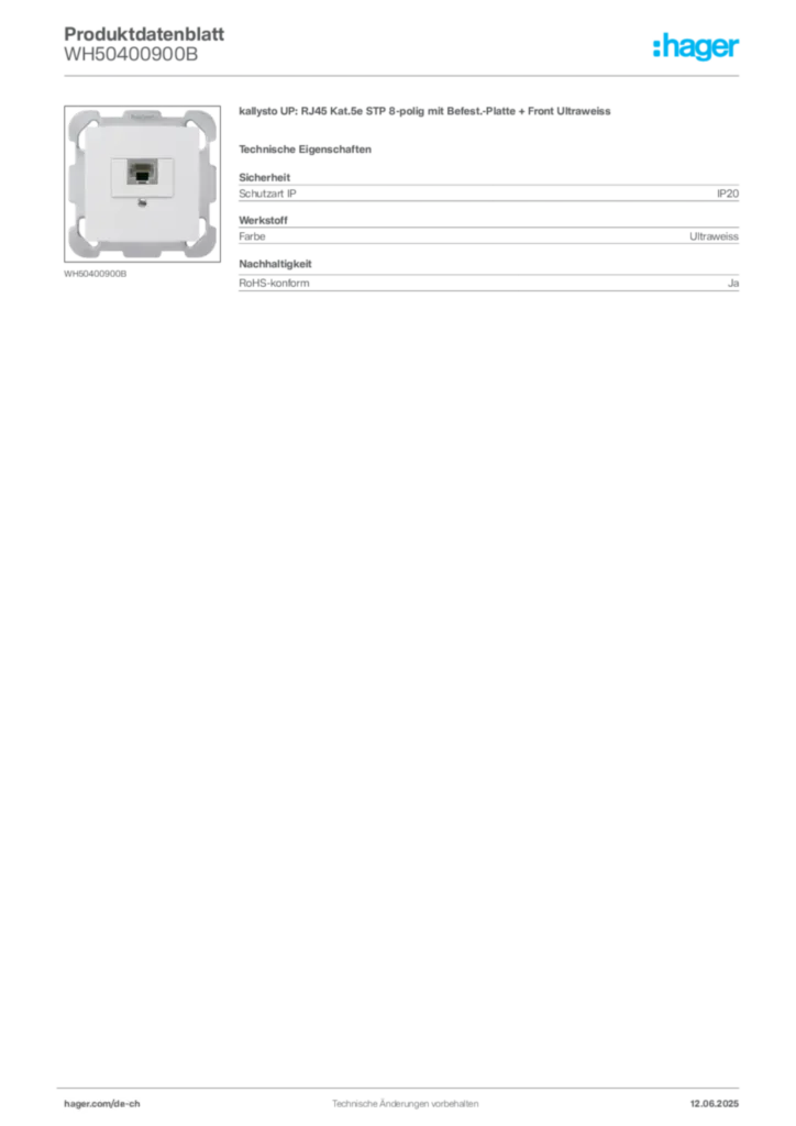 Bild Hager Produktdatenblatt WH50400900B | Hager Schweiz