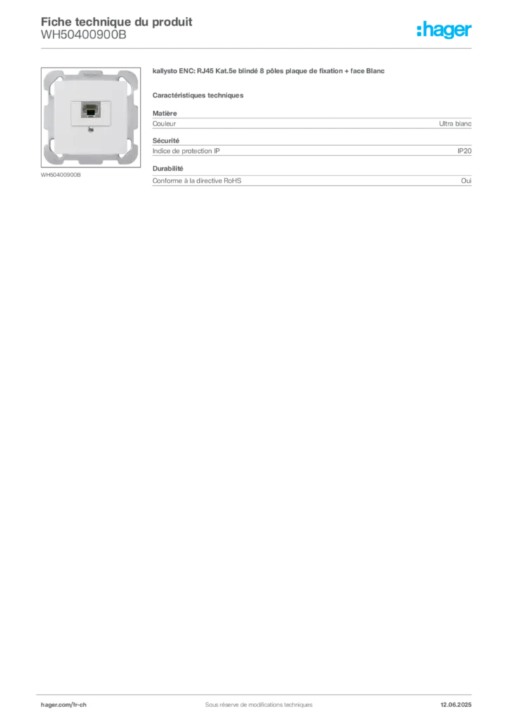 Image Hager Fiche technique du produit WH50400900B | Hager Suisse