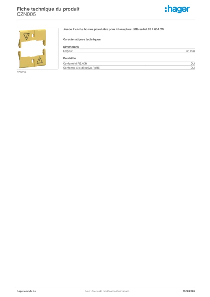 Image Hager Fiche technique du produit CZN005 | Hager Belgique