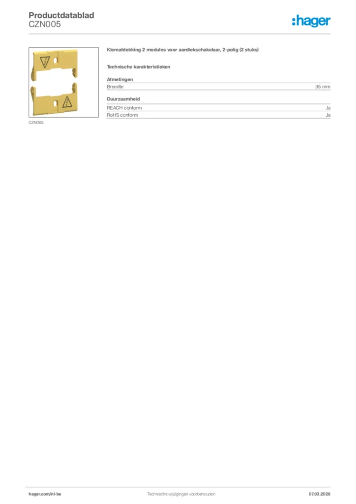 Afbeelding Hager Productdatablad CZN005 | Hager Belgium