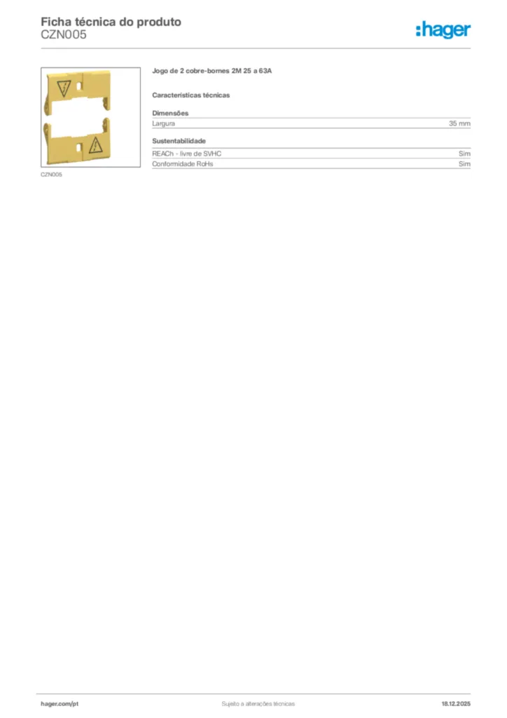 Imagem Hager Ficha técnica do produto CZN005 | Hager Portugal