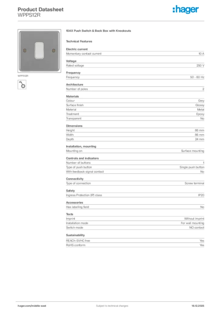 Image Hager Product data sheet WPPS12R  | Hager