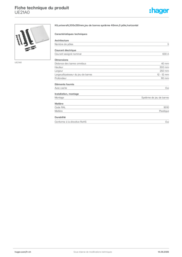 Image Hager Fiche technique du produit UE21A0 | Hager Suisse