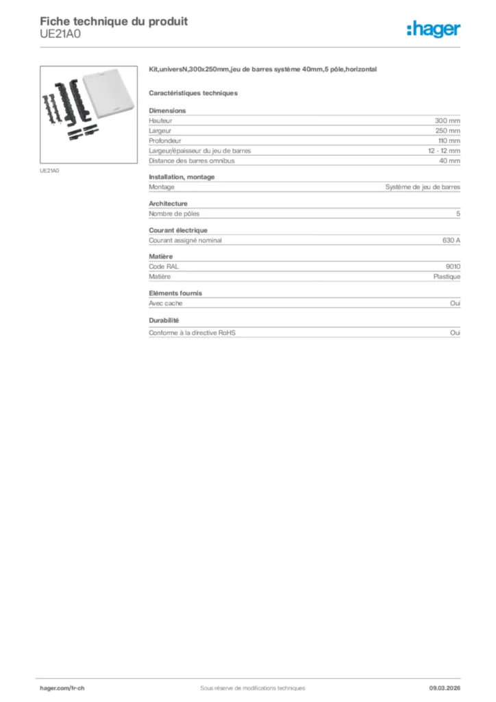 Image Hager Fiche technique du produit UE21A0 | Hager Suisse