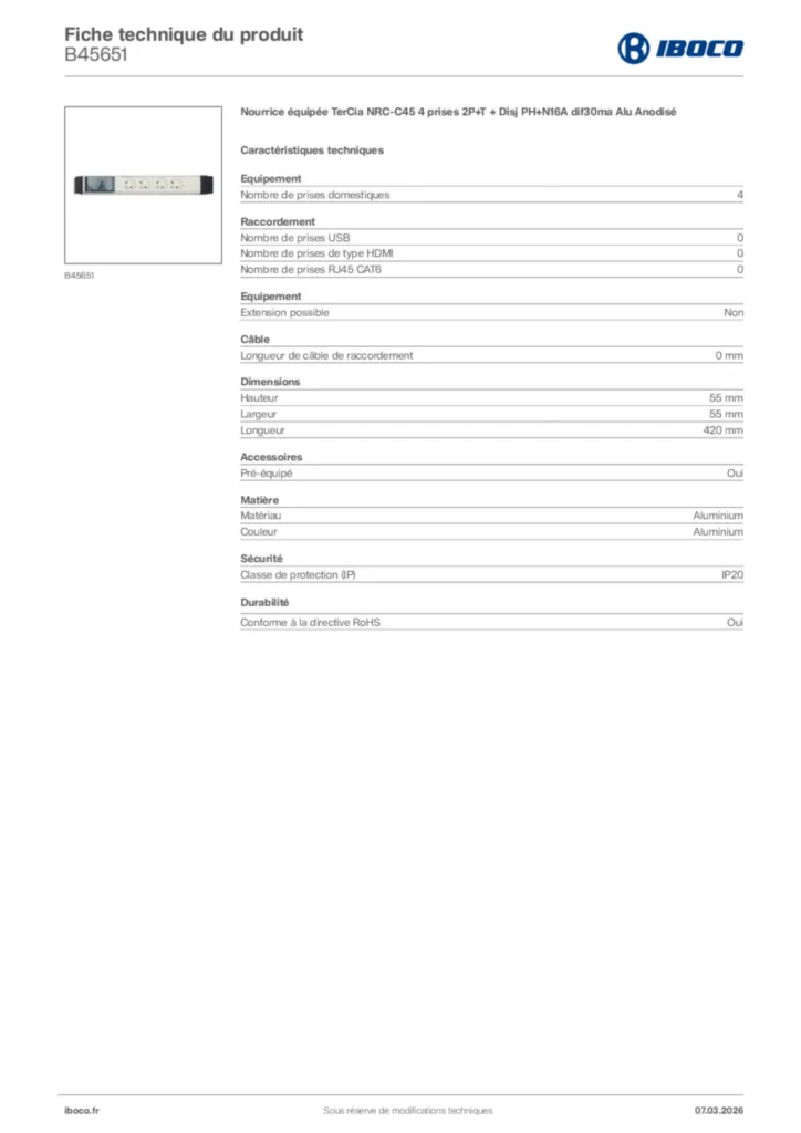 Image Iboco Fiche technique du produit B45651 | Hager France