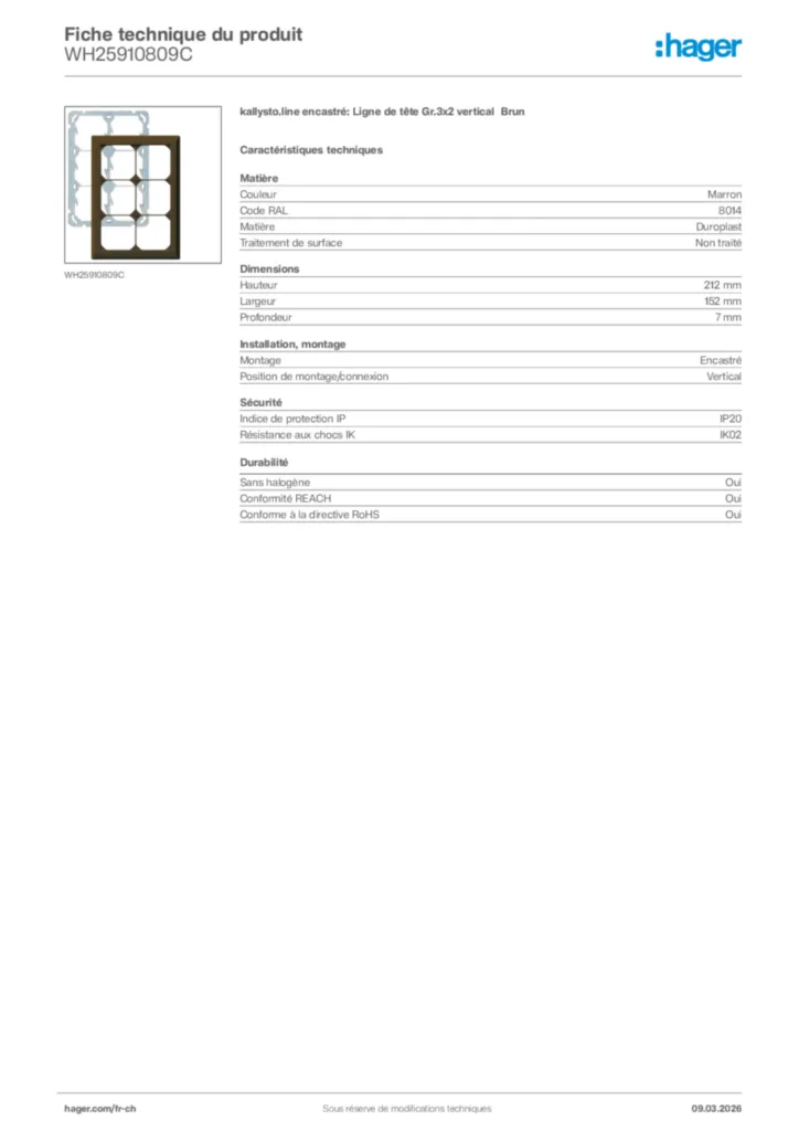 Image Hager Fiche technique du produit WH25910809C | Hager Suisse