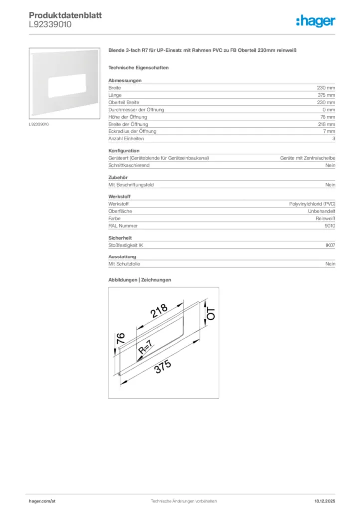 Bild Hager Produktdatenblatt L92339010 | Hager Deutschland