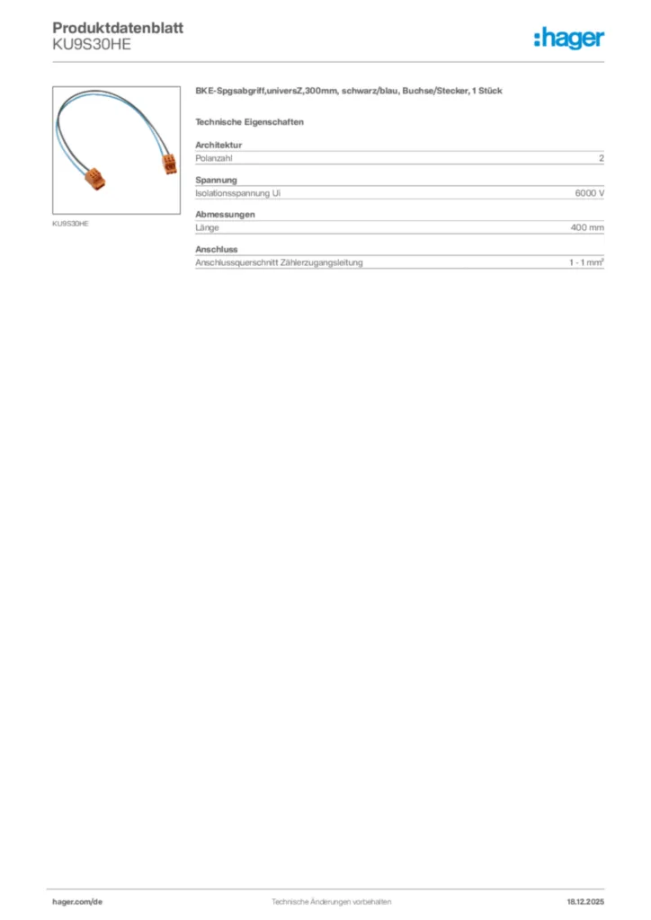 Bild Hager Produktdatenblatt KU9S30HE | Hager Deutschland