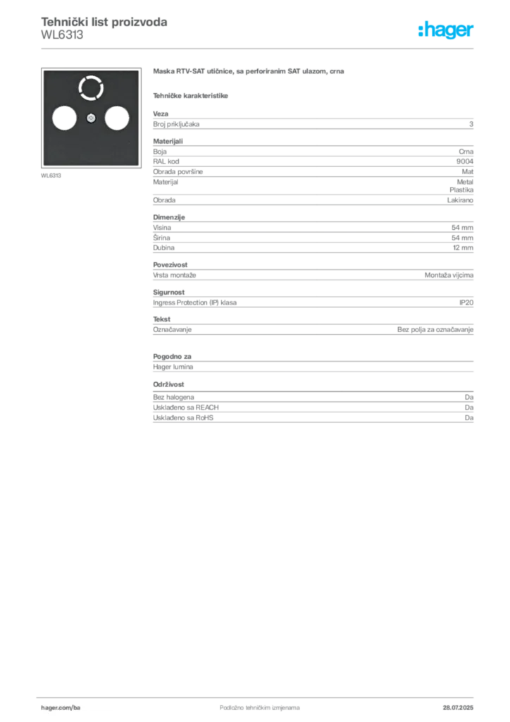 Slika Hager Product data sheet WL6313  | Hager
