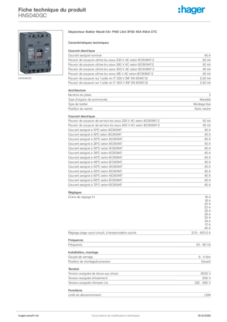 Image Hager Fiche technique du produit HNS040GC | Hager Suisse