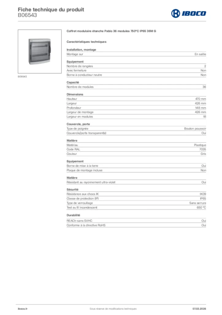 Image Iboco Fiche technique du produit B06543 | Hager France