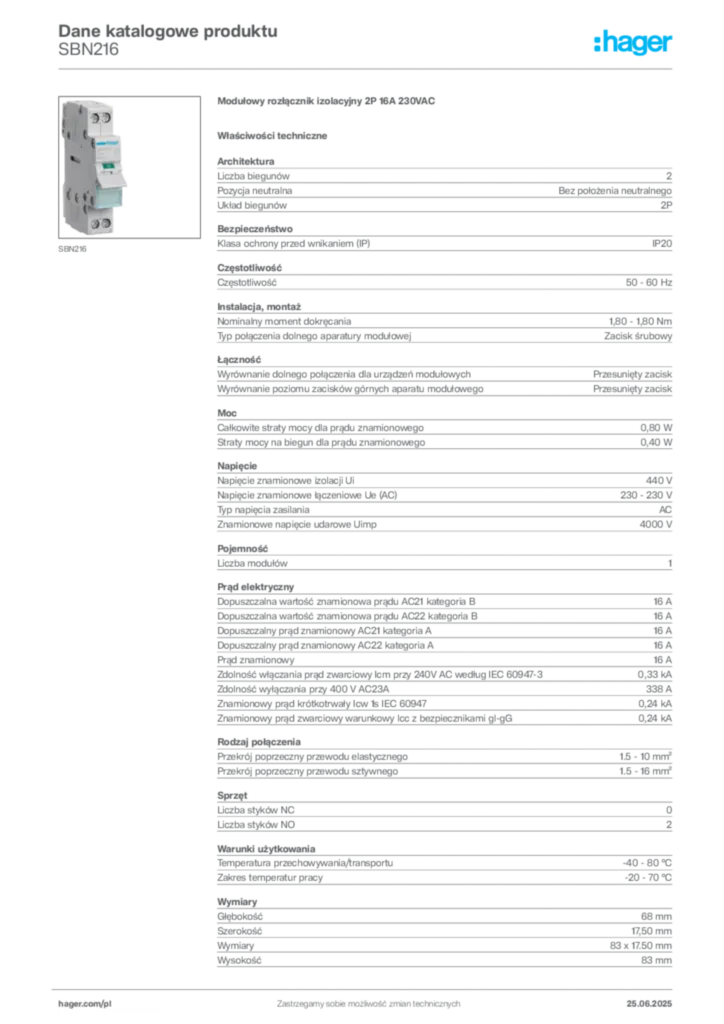 Zdjęcie Hager Karta katalogowa SBN216 | Hager Polska