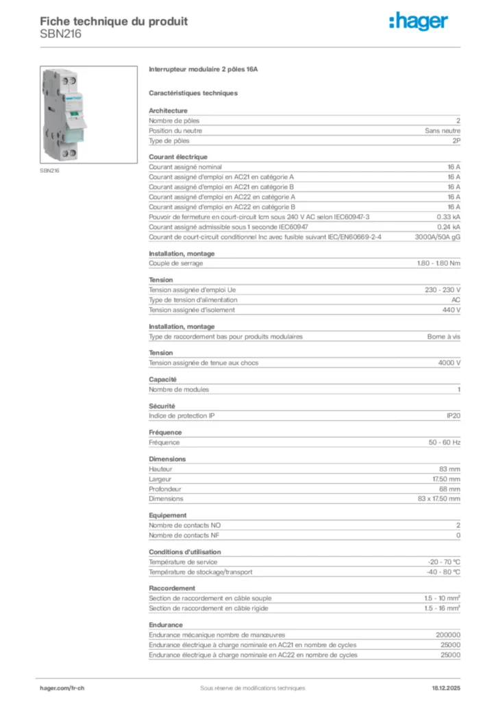 Image Hager Fiche technique du produit SBN216 | Hager Suisse