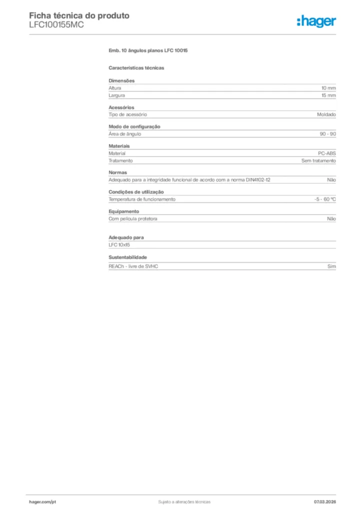 Imagem Hager Ficha técnica do produto LFC100155MC | Hager Portugal
