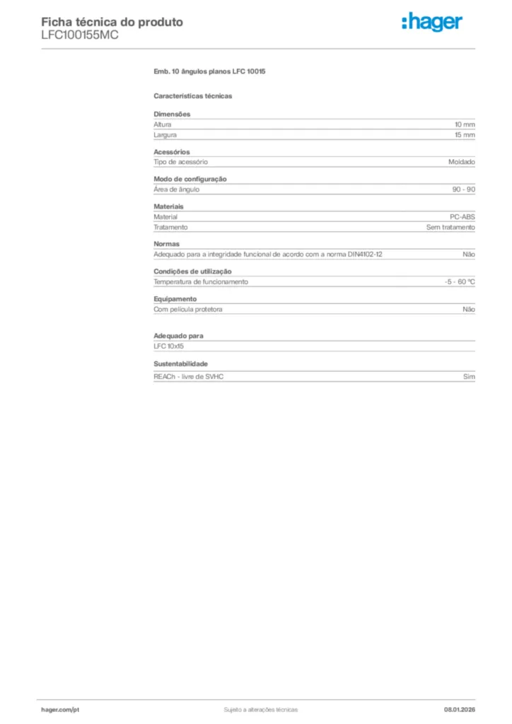 Imagem Hager Ficha técnica do produto LFC100155MC | Hager Portugal