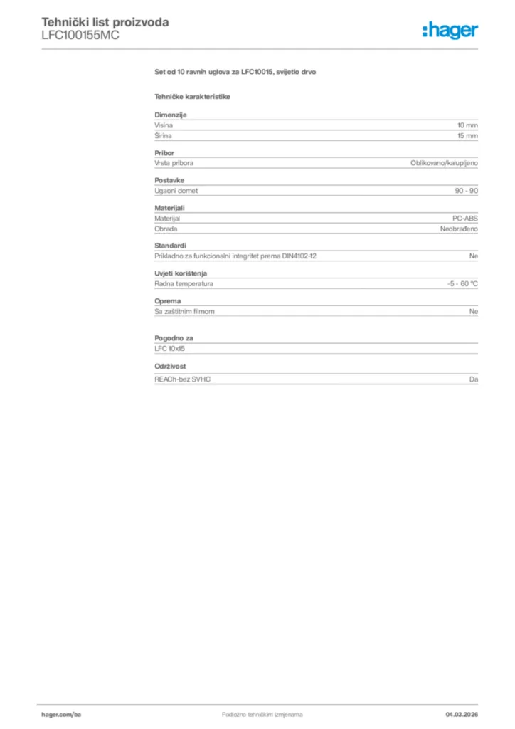 Slika Hager Tehnički list proizvoda LFC100155MC  | Hager