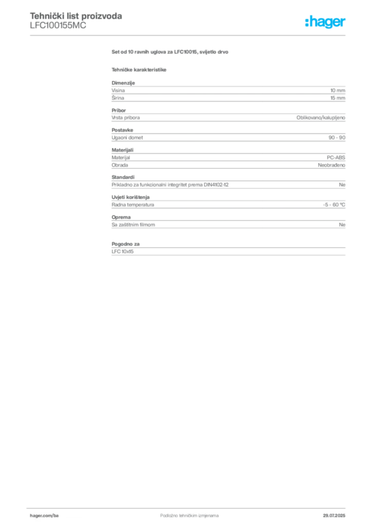 Slika Hager Product data sheet LFC100155MC  | Hager