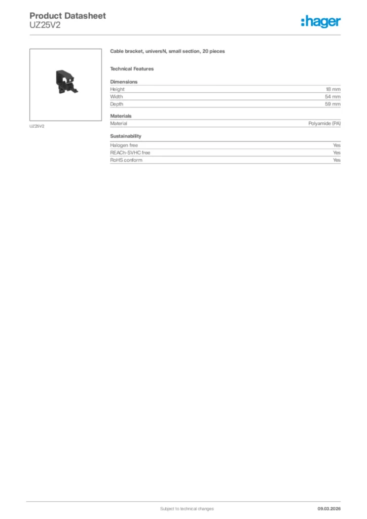 Image Hager Product data sheet UZ25V2  | Hager Africa