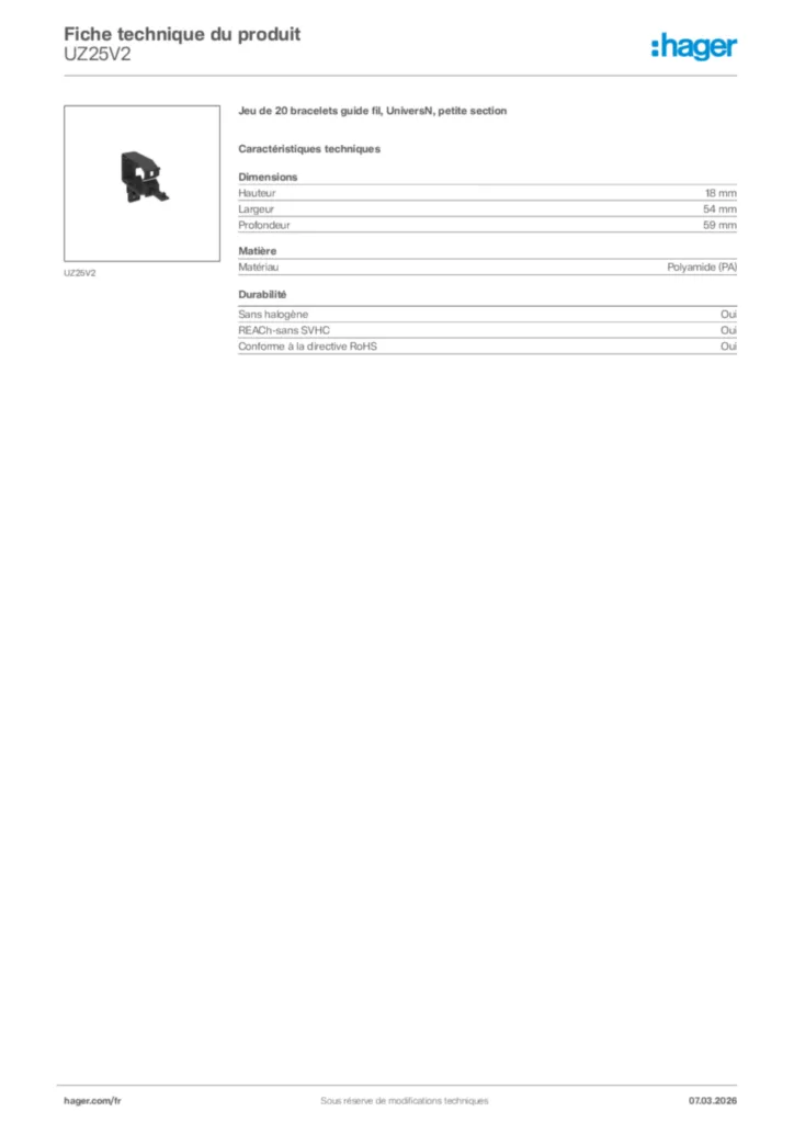 Image Hager Fiche technique du produit UZ25V2 | Hager France