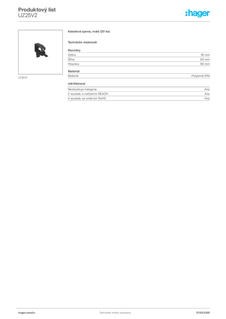 Obrázek Hager Produktový list UZ25V2 | Hager