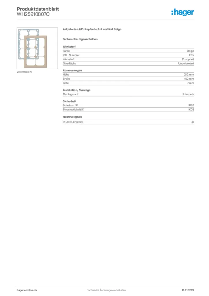 Bild Hager Produktdatenblatt WH25910807C | Hager Schweiz