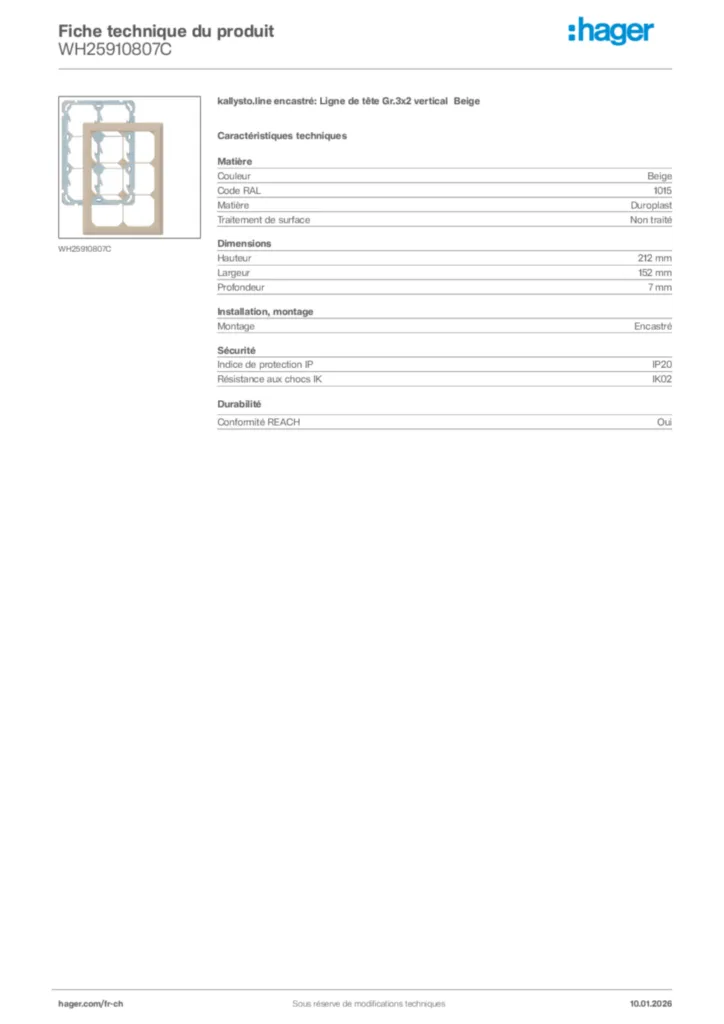 Image Hager Fiche technique du produit WH25910807C | Hager Suisse