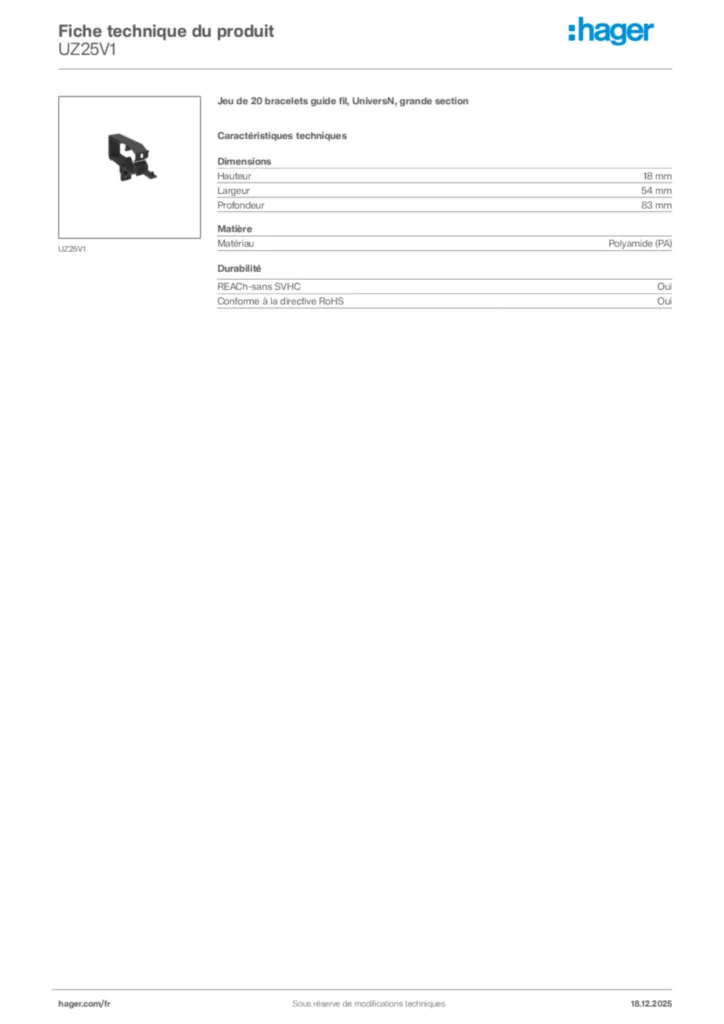 Image Hager Fiche technique du produit UZ25V1 | Hager France