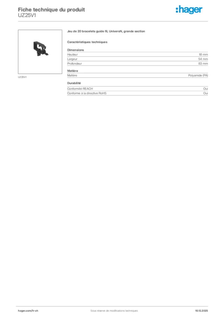 Image Hager Fiche technique du produit UZ25V1 | Hager Suisse
