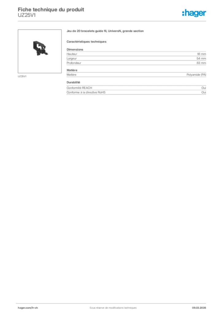 Image Hager Fiche technique du produit UZ25V1 | Hager Suisse