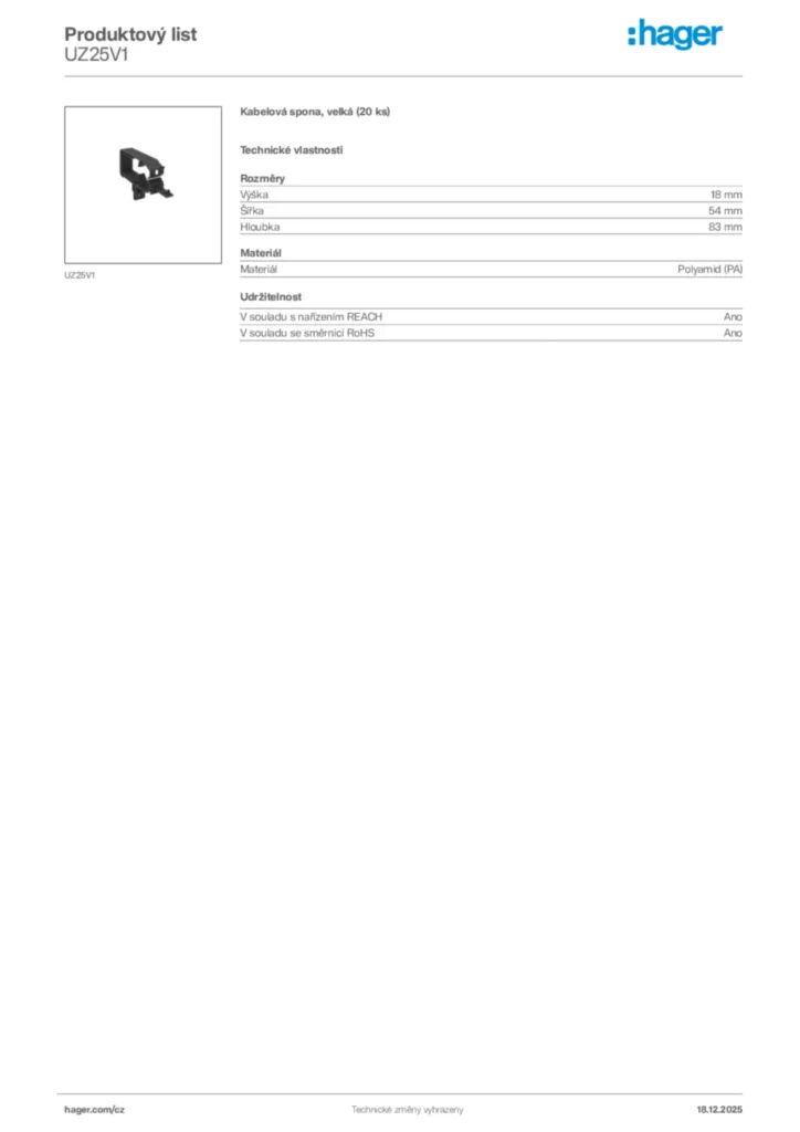 Obrázek Hager Produktový list UZ25V1 | Hager