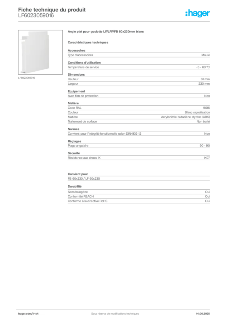 Image Hager Fiche technique du produit LF6023059016 | Hager Suisse