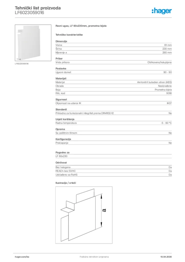 Slika Hager Tehnički list proizvoda LF6023059016  | Hager