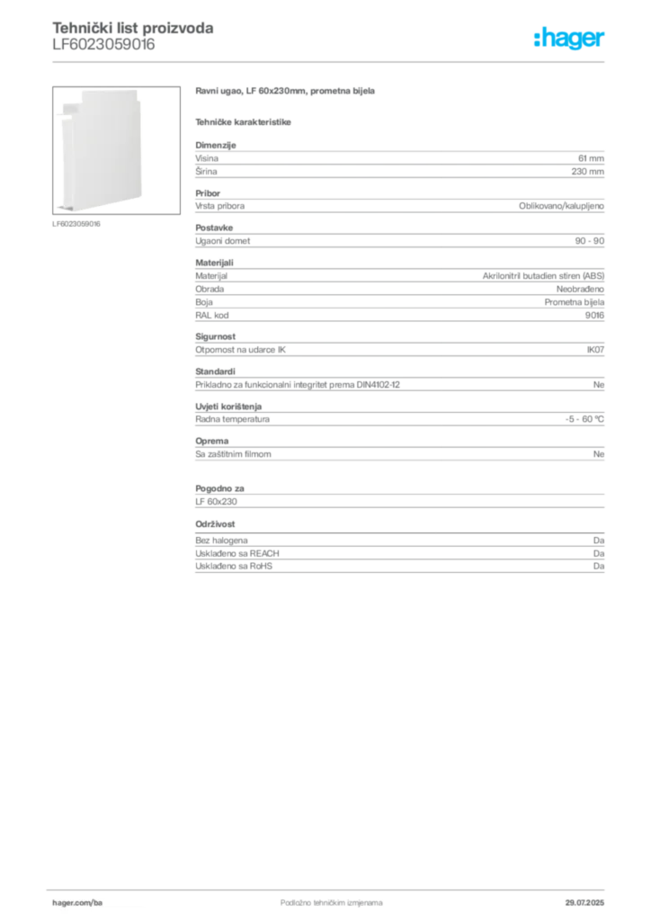 Slika Hager Product data sheet LF6023059016  | Hager