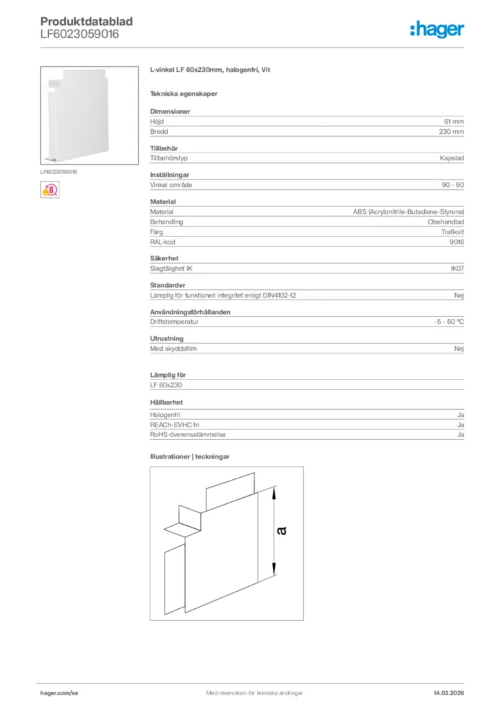 Bild Hager Produktdatablad LF6023059016 | Hager Sverige