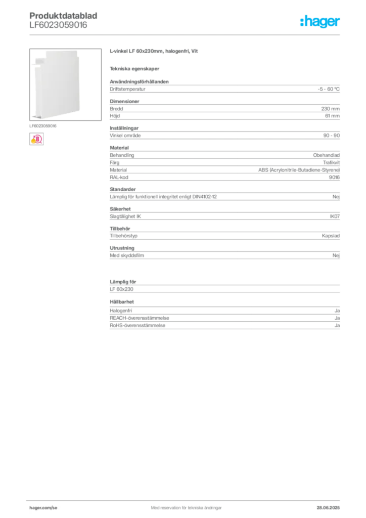 Bild Hager Produktdatablad LF6023059016 | Hager Sverige