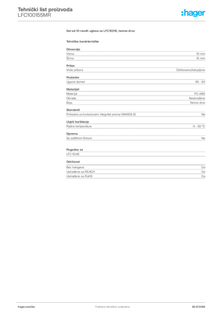 Slika Hager Product data sheet LFC100155MR  | Hager