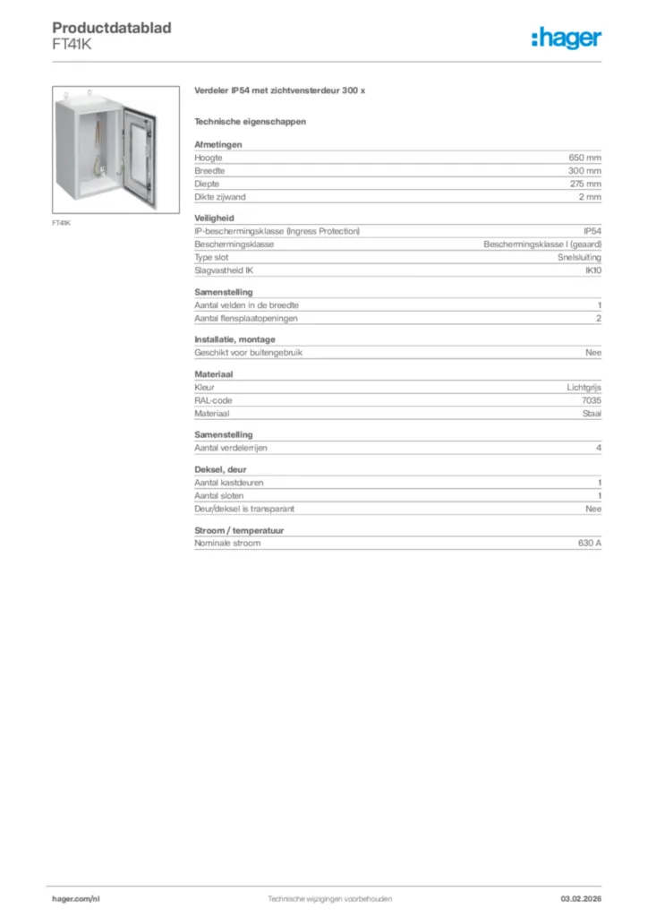 Afbeelding Hager Productdatablad FT41K | Hager Nederland