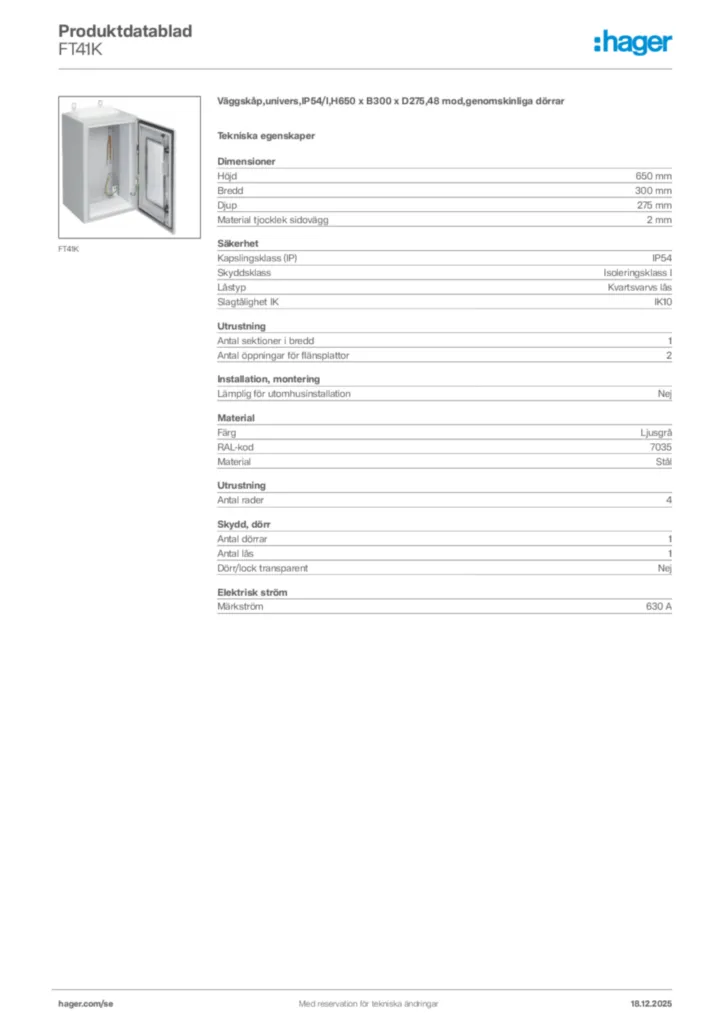 Bild Hager Produktdatablad FT41K | Hager Sverige