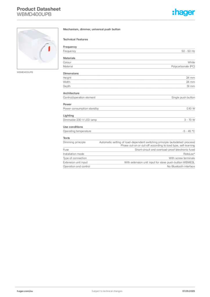 Image Hager Product data sheet WBMD400UPB  | Hager Australia