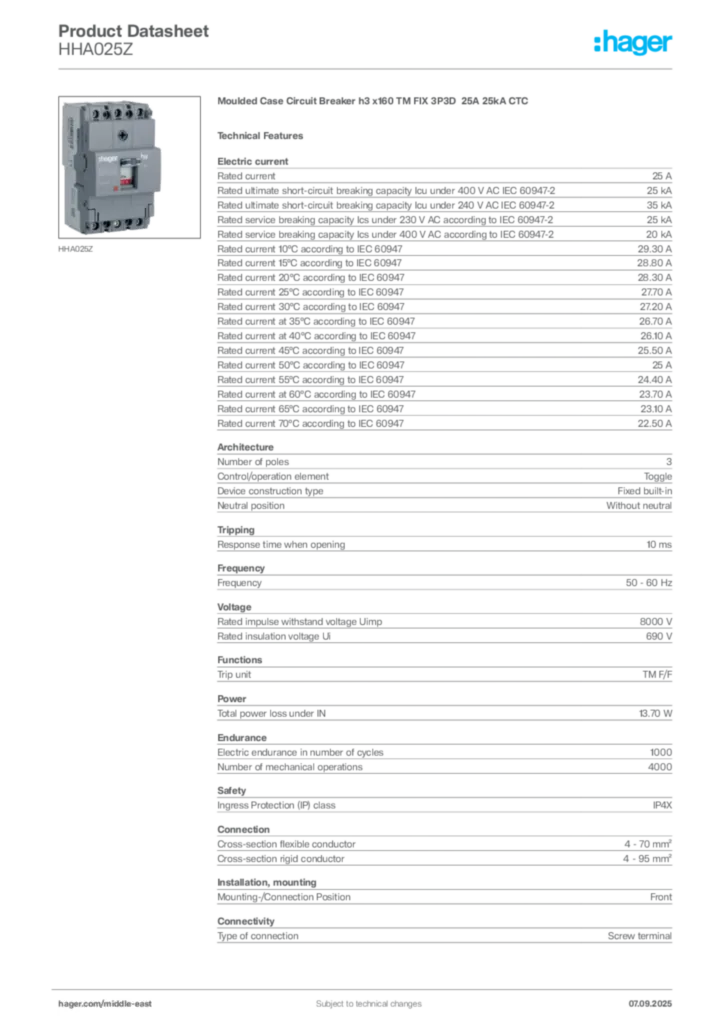 Image Hager Product data sheet HHA025Z  | Hager