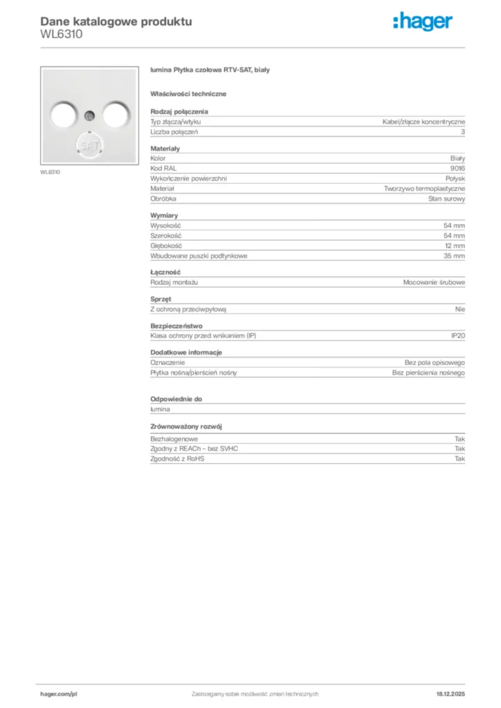 Zdjęcie Hager Karta katalogowa WL6310 | Hager Polska