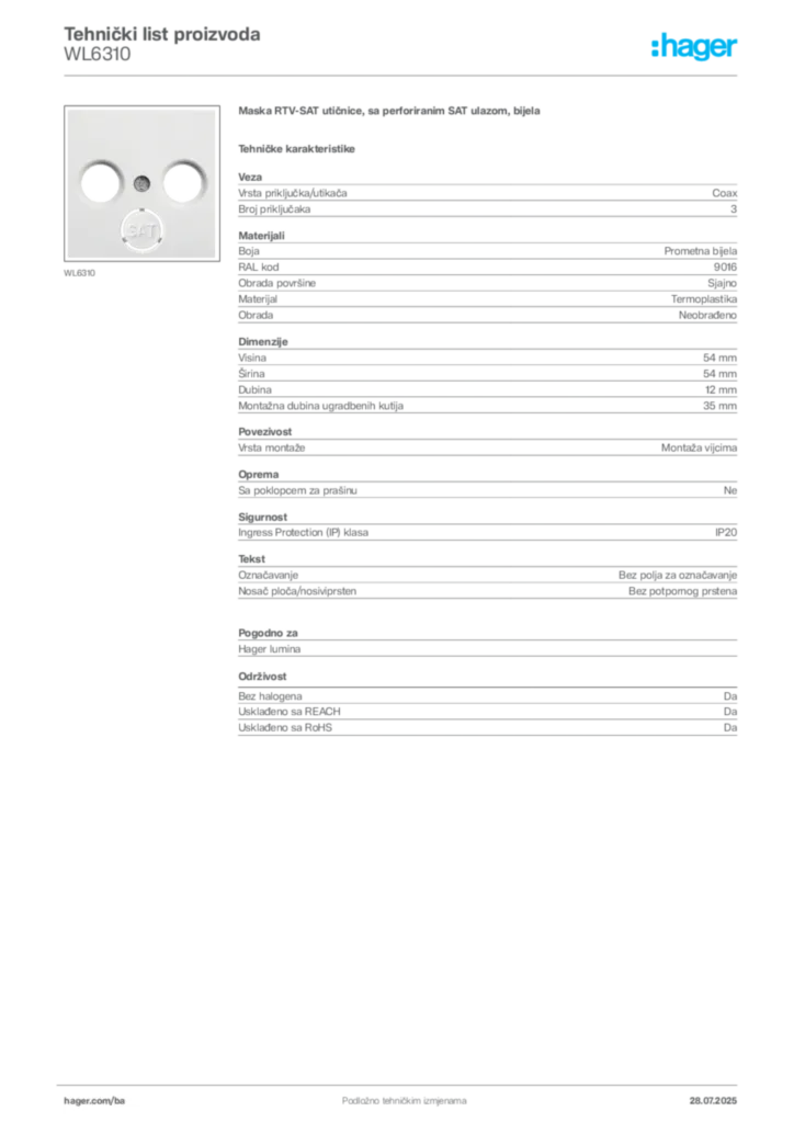 Slika Hager Product data sheet WL6310  | Hager