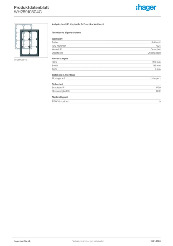 Bild Hager Produktdatenblatt WH25910804C | Hager Schweiz