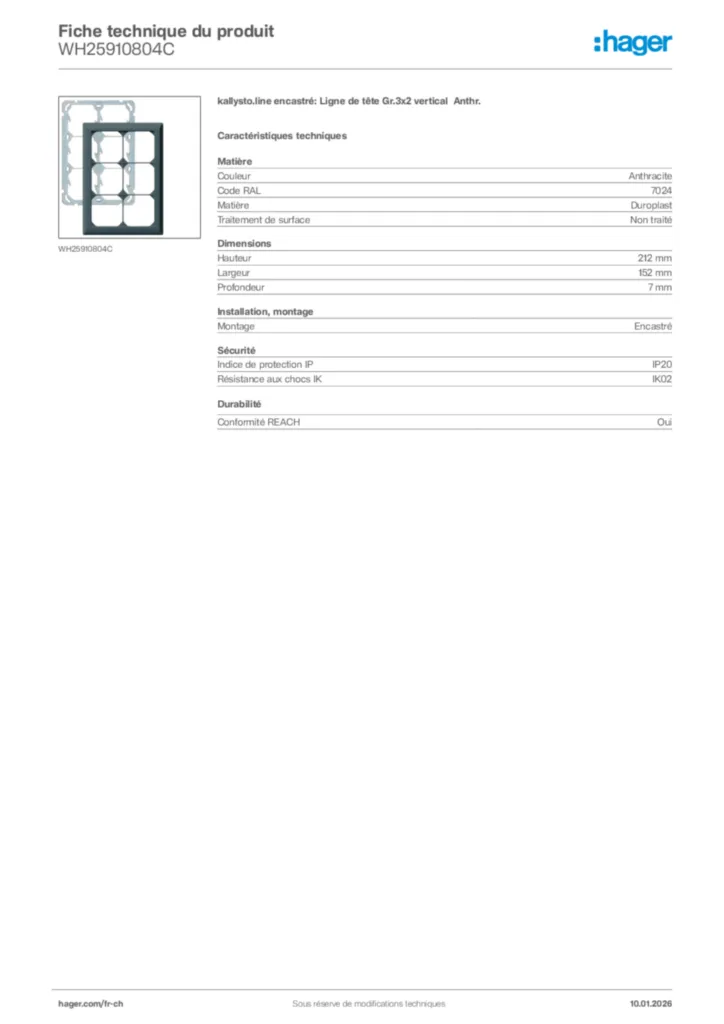 Image Hager Fiche technique du produit WH25910804C | Hager Suisse