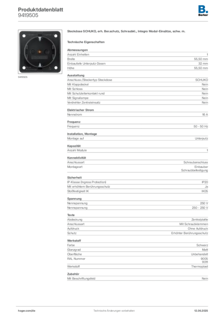 Bild Berker Produktdatenblatt 9419505 | Hager Deutschland