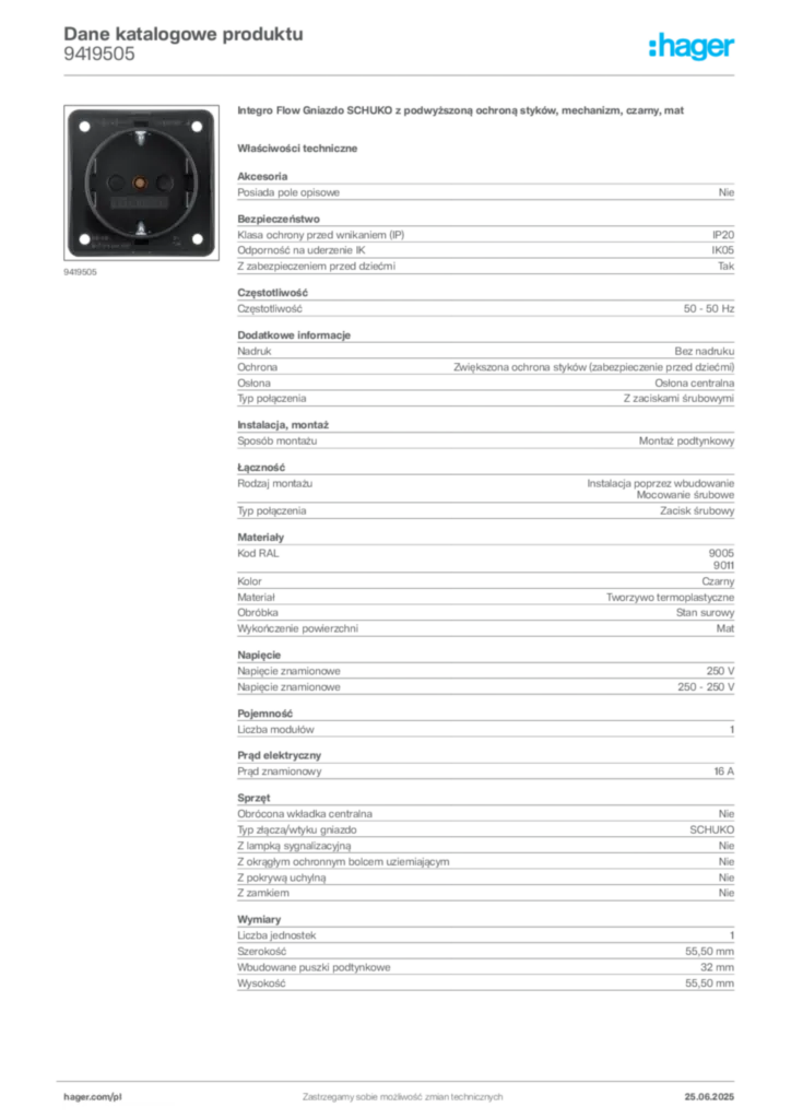 Zdjęcie Hager Karta katalogowa 9419505 | Hager Polska