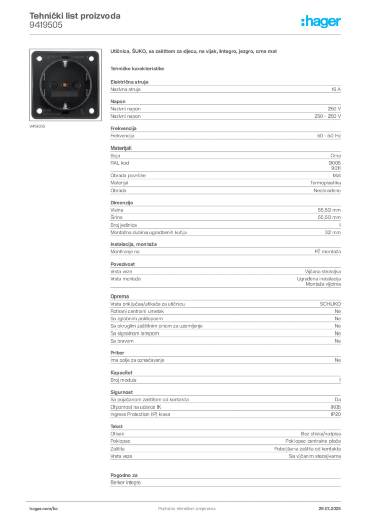 Slika Hager Product data sheet 9419505  | Hager